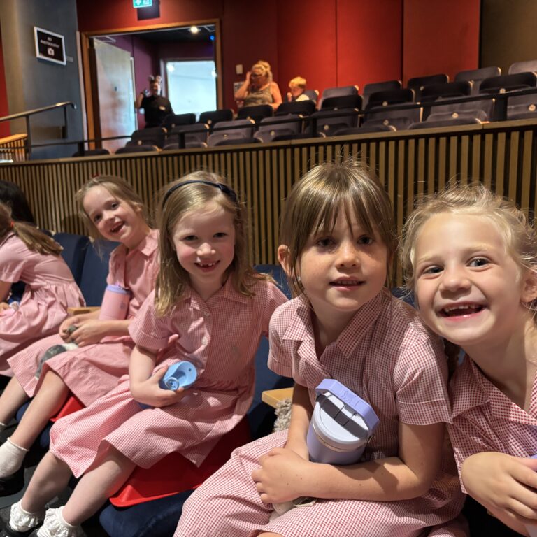 Group of smiling young girls in matching pink checkered dresses seated in a theater auditorium with red walls and blue seats.
