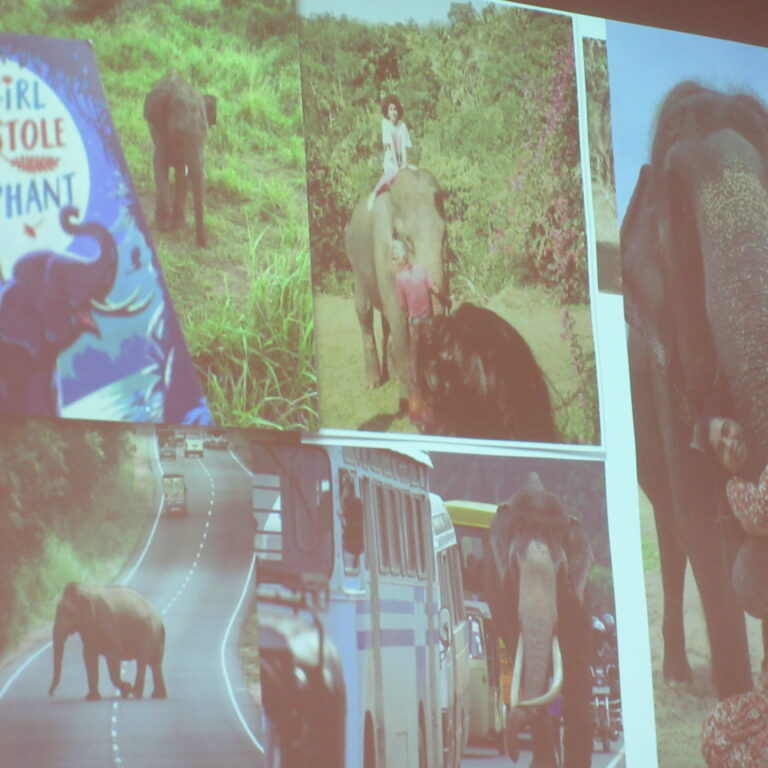 Collage of travel photos: a mural or poster with an elephant, a person riding an elephant in a green landscape, a child standing beside the elephant, a passenger train on a curved track, and a road scene with a bus or coach in the distance.