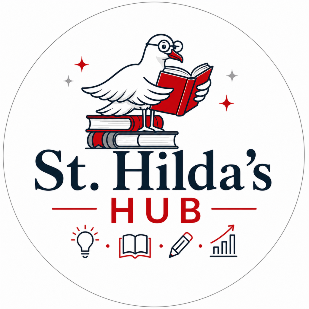 Logo for St. Hilda's Hub with a white bird wearing glasses perched on stacked books and reading a red book, surrounded by small icons (lightbulb, open book, pencil, growth chart) in red and navy.