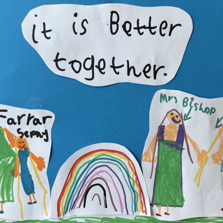 Child-made collage of people holding hands with the words 'it is better together' on a blue background, conveying teamwork and unity.