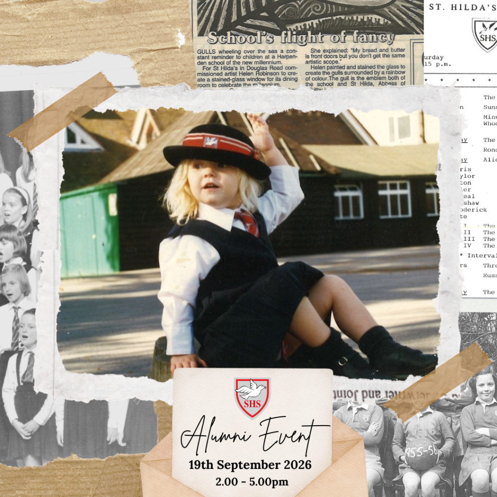 Collage-style SHS Alumni Event invitation featuring a girl in school uniform, crest, and event details: 19 September 2026, 2–5pm.